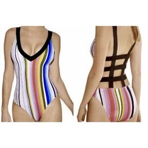 Rachel Roy Strappy Lattice Back Striped Rainbow 1 Piece Swimsuit Sz 14 Resort